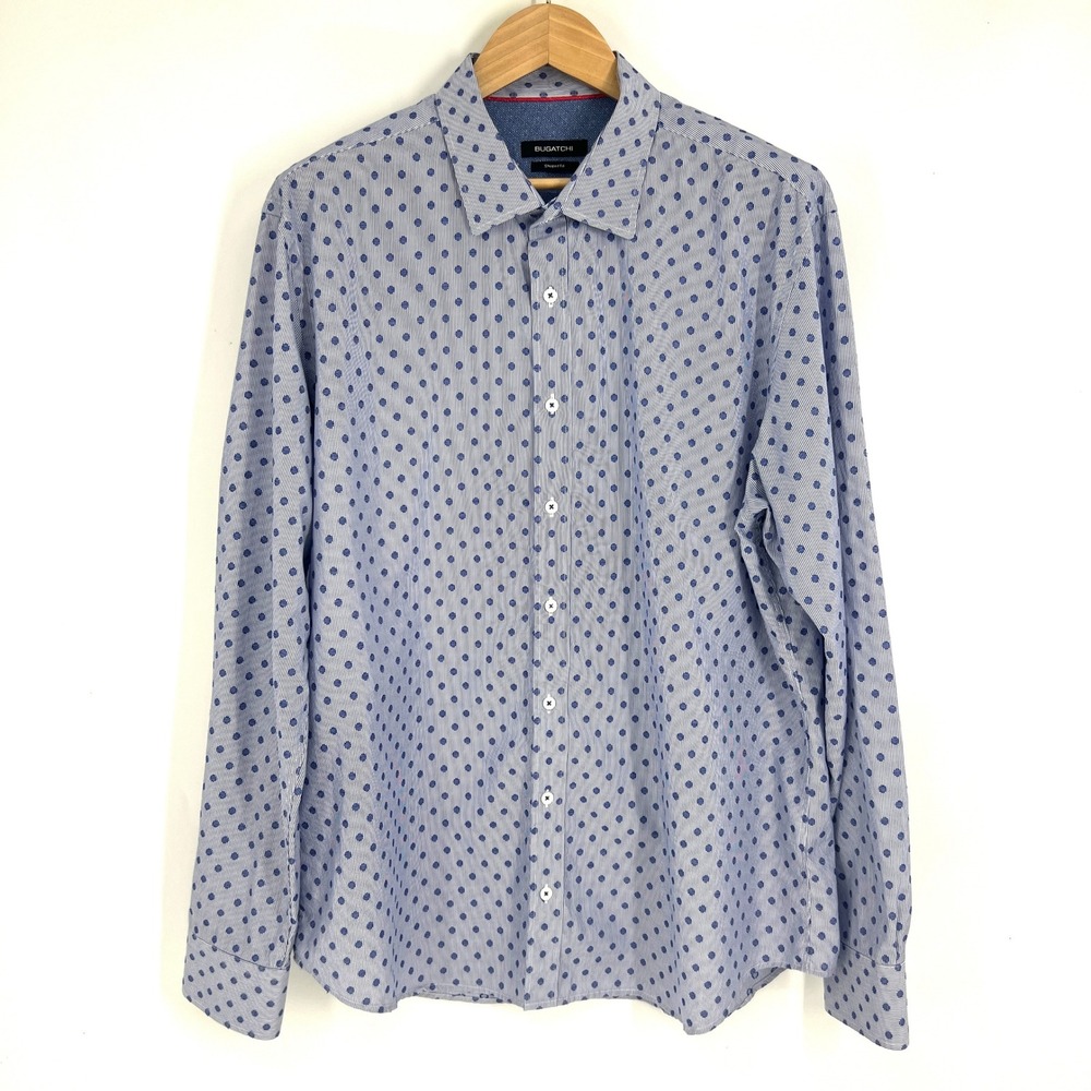 Bugatchi Mens Blue White Stripe Polka Dot Button Down Shirt Shaped Fit Size XXL